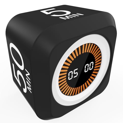 Image of Rotating Cube Visual Pomodoro Timer 5, 25, 10 50 Minutes Preset + Custom Countdown, Rechargeable Desk Productivity Flip Timer with Detachable Silicone Cover for ADHD Study Work Kitchen School (Black)