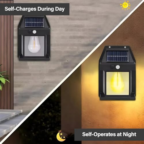 Image of LED Solar Wall Lights with Motion Sensor Auto Chargeable Exterior LED Sconce Front Porch Security Lamps | Waterproof Single Bulb Wireless Sconce Exterior Wall Lamps for Garden, Balcony