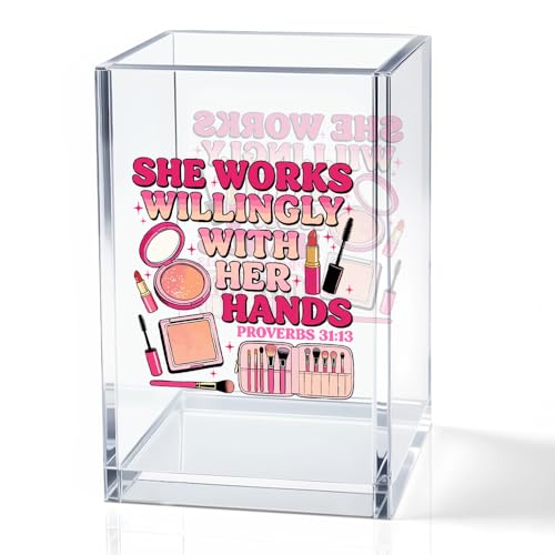 Image of She Works Willingly With Her Hand Acrylic Cosmetic Holder, Inspirational Makeup Brush Holder Gifts, Christian Bible Verses Gifts for Cosmetologist, Bathroom Vanity Storage for Makeup Brushes
