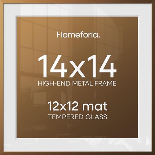Image of Homeforia 14x14 Picture Bronze Frame, High End Metal 14 x 14 Square Poster Frame with Mat 12 x 12 Photo, 14x14 Brass Frame Matted to 12x12 Print, 14by14 Thin Frames, Tempered Glass, Wall Kit, Set of 2