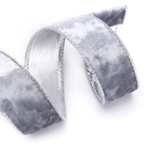 Image of Ribbli Silver Velvet Wired Ribbon 1.5 Inch Metallic Silver Crushed Velvet Christmas Ribbon for Gift Wrapping Christmas Tree Decoration Crafts Wreaths Supplies-Continuous 10 Yards