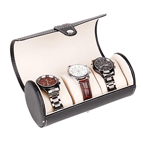 Image of Premium 3 Slot Watch Keeping Box for Men Women PU Leather Watch Organizer Round Case Watch Holder Pouch for Travel with Lock and Cushion - Black - Pack of 1
