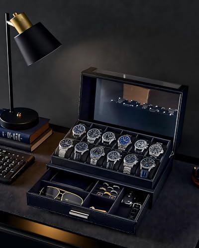 Image of ProCase Watch Box for Men, 12 Slots Watch Display Holder with Clear Acrylic Top, Large Capacity PU Leather Case with Drawer Organizer, Jewelry Storage, Ideal Gift for Men Women -Black