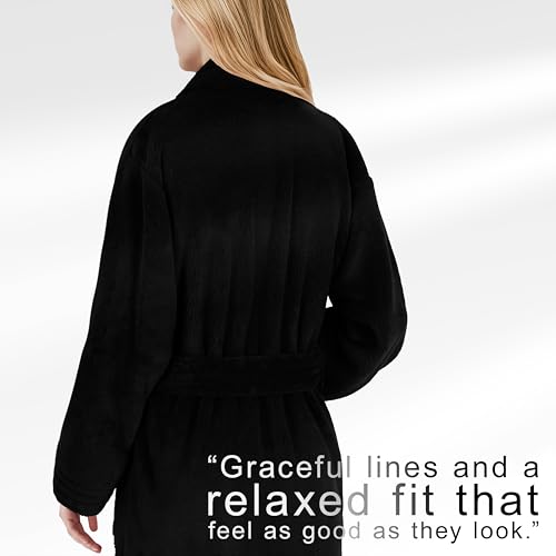 Image of American Soft Linen Women's Fleece Bathrobe - Luxury Soft, Plush, Fuzzy & Warm Turkish Robe for Women, Cozy Spa Quality Adult Bathroom Lounge Robe, Black L