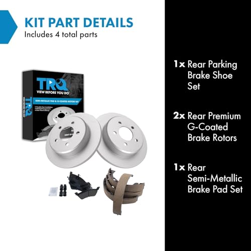 Image of TRQ Rear Brake Pad and Rotor Set Semi Metallic Coated Rotors Parking Shoe Compatible with 2001-2007 Chrysler Town & Country Dodge Caravan Grand Caravan