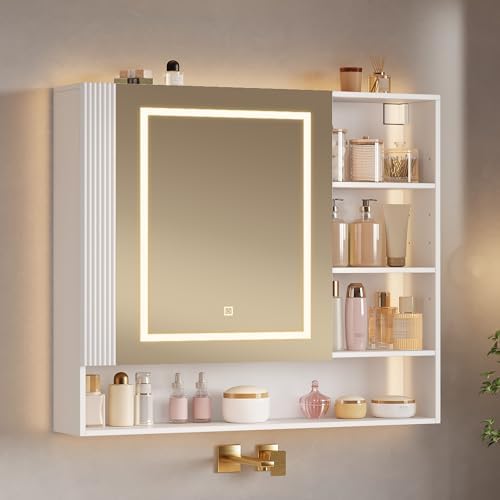 Hzuaneri Armario de Baño, con Luz LED y Enchufe, Armario Espejo B...