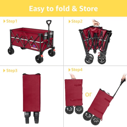 Image of ROSONG Collapsible Wagon Cart with Wheels Foldable - Folding Utility Heavy Duty Wagons Carts for Grocery Sports Garden Shopping Camping Wheelbarrows (Burgundy, 150L)
