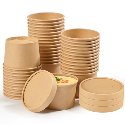 JOLLY CHEF 50 Pack Disposable Paper Food Containers with Lids, 8 oz To Go Soup Bowls, Disposable Soup Cups with Lids for Restaurant, Party, Picnic