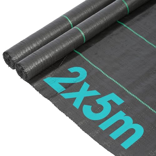 Harbour Housewares 110gsm Weed Control Membrane - 2 Rolls of 2M by 5M each - Black Heavy Duty Weed Control Fabric Barrier Ground Cover for Garden, Patios, Flower Beds, Landscaping