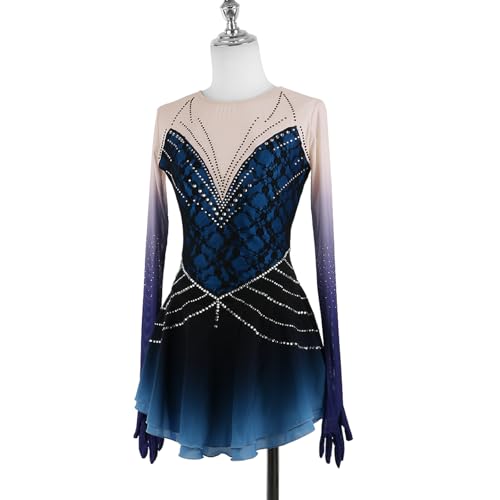 DIJITOO Vestido de patinação artística, fantasia de competição de strass de linha gradiente de tempe