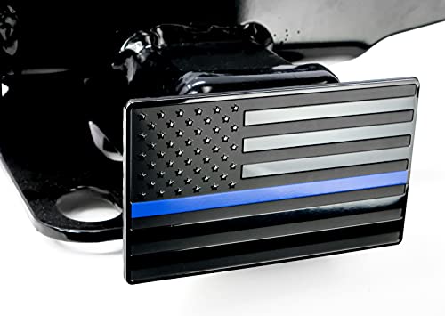 Everhitch Us American Flag Chrome Emblem Trailer Metal Hitch Cover Fits 2" Receivers Black & Black With Thin Blue Line #TOP6