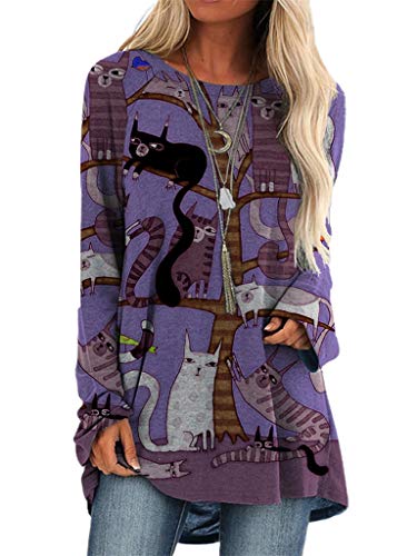 ORANDESIGNE Femme Dessin Animé Chat Imprime Manches Longues Chemisier Décontracté Ample Coton...