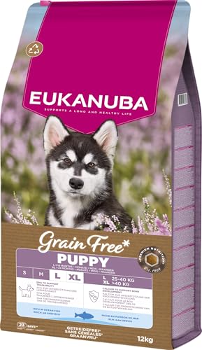Eukanuba Welpenfutter getreidefrei mit Fisch für große Rassen, Premium Trockenfutter ohne Getreide für Junior Hunde, 12 kg