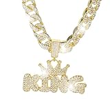 LCWLJL Golden crown letters KING Hip-hop Cuban Chain, Rhinestone Pendant Necklace Jewelry For Men，Men's Fashion Jewelry