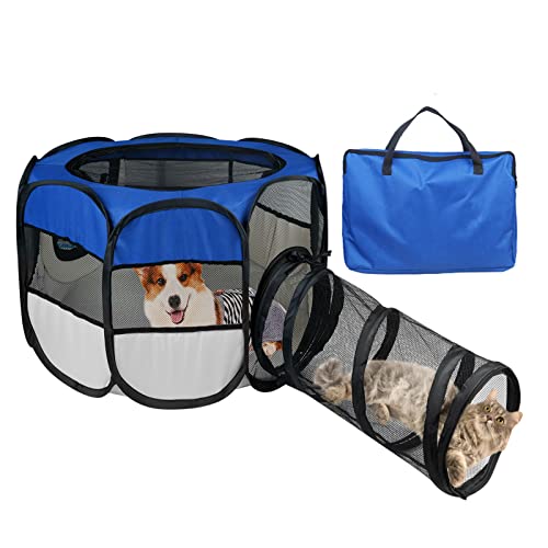Opetdo Cerca para Perros,Parque para Cachorros, Plegable Lavable Portátil de Mascotas,Octágono 60*43*60CM(Azúl) Cover