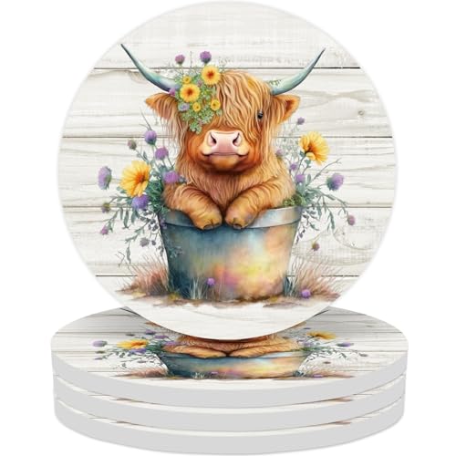 Whaline 4Pcs Highland Cow Ceramic Coasters Watercolor Cow Flower Bucket Drink Coaster Rustic Farm Animal Theme Heat-Resistant Cup Mats for Birthday Baby Shower Tabletop Decor