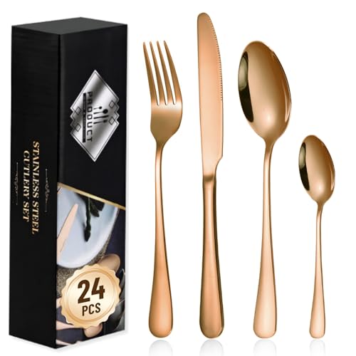 Bizcasa Juego de cubiertos 24 piezas - Oro rosa, acero inoxidable, apto para lavavajillas