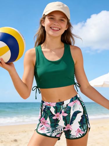 Image of Girl's 3 Piece Bikini Bathing Suit Printed Sport Swimsuits with Shorts Cove Up Sets Teen Girl's Swimwear