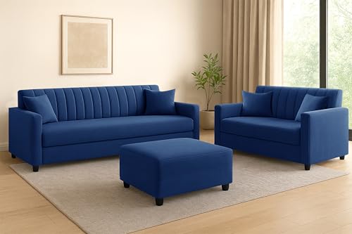 Image of 3+2 Fabric Sofa Set with Ottoman for Living Room | Modern Upholstered 5-Seater Couch | Soft Cushion, Premium Velvet Fabric-Blue