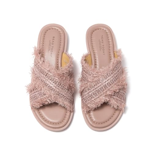 Image of BEAU TODAY Flat Sandals for Women,Women's Leather Sandals with 2 Strap,Peep Toe Summer Strap Sandals for Women,Open Toe Buckle Comfortable Dress Sandals Shoes for Women