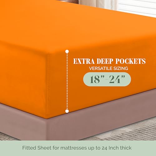 Image of Elegant Comfort Luxurious 1500 Premium Hotel Quality Microfiber 4-Piece Sheet Set, 18-24 Inches Deep - Extra Deep Pocket Sheets - Ultra Soft 4PC Deep Pocket Sheets, Full, Orange