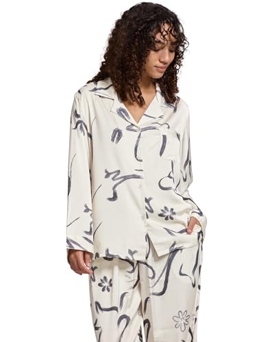 Image of YiNi LuLu Womens Silk Satin Pajamas Set Button Down 2 Piece Pjs Long Sleeve Oversized Sleepwear with Pockets