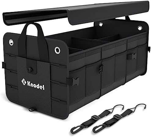 Knodel Car [trunk organizer], Foldable Cover, Heavy Duty Collapsible [car trunk] Storage Organizer, Car Cargo [trunk organizer] with Lid, 3 Compartments, with Straps (Black)