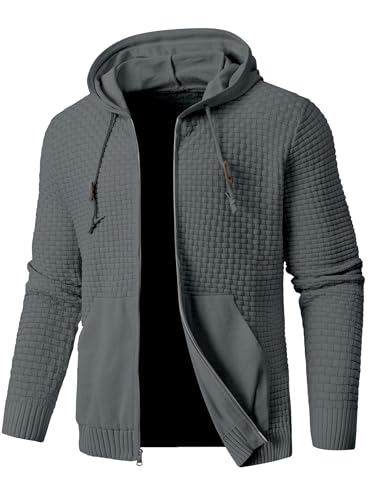 Zaitun Mens Full Zip Up Hooded Cardigan Sweater with Pockets Grey