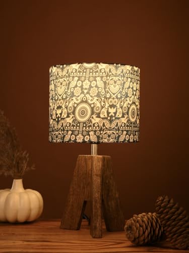 Image of Green Girgit Decorative Tri-Leg Stand Wooden Table Lamp with Indian Art Multicolor Shade Bedside & Reading Night Lamp for Bedroom, Living Room & Home Decor | Warm Ambient Light