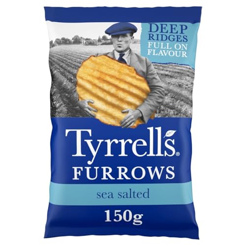 Tyrrells Crisps Furrows SEA SALTED 150g Sharing Bag - Hand-cooked & spun for an exquisite fresh taste. No artificial ingredients (No artificial flavour colours or MSG)