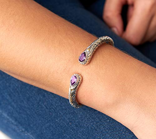 Image of DEVATA Sterling Silver 925 and 18K Gold with Blue Topaz Bali Filigree Cuff Bracelet DHK3595BT (Size M)