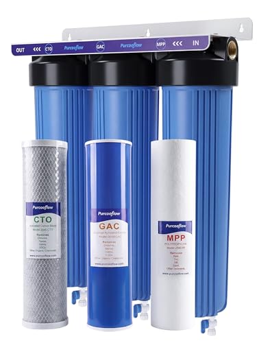 Purcooflow 3-Stage Whole House Water Filter System, 20x4.5 Inch, Dual Carbon (GAC & CTO) for Max Chlorine & Odor Reduction, 1' NPT Brass Ports, Drain Valves & Install Kit