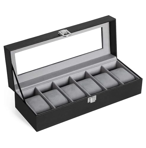 Image of Leather Watch Organizer with Glass Display - 6 Slot Watch Box for Men & Women (Watch Not Include), Durable Display Case for Watch Enthusiasts (Black&Grey)