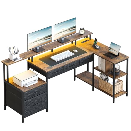 Seventable Bureau en L avec LED, Prises & Ports USB, 5 Tiroirs, Support d’Écran, Réversible, Grand Bureau Gaming ou Poste de Travail à Domicile,Chêne...