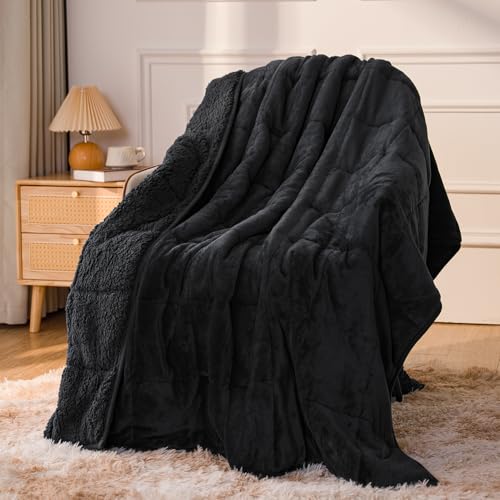 Sivio Weighted Blanket for Adult 15 lbs Sherpa Heavy Throw with Fleece Reversible Queen Size Weighted Blanket for Men and Women Deep Sleeping 60 x 80Inches Dual Sided Black