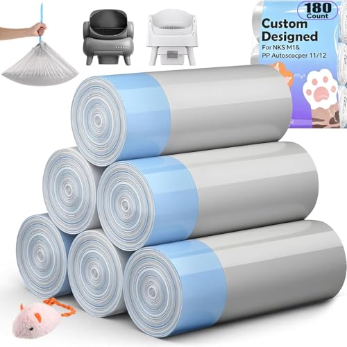 Image of 180 Count Automatic Cat Litter Box Liners Bags Compatible with NeakasaM1 Petpivot Autoscooper 11 /12 and Similar Open-Top Self-Cleaning Cat Litter Box, Drawstring Handle Heavy Duty Leak-proof, 27*13in
