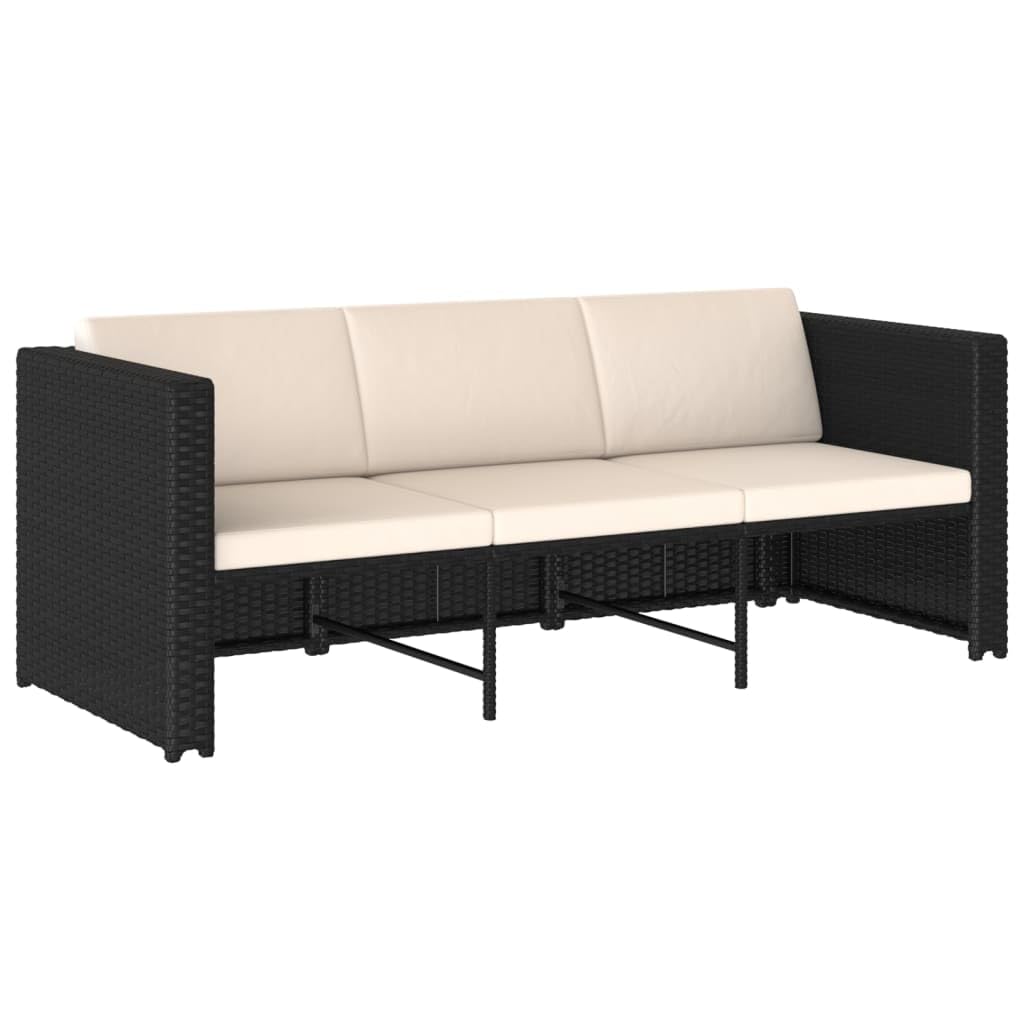 Juego de 4 muebles de jardín de polirratán, sofá de 3 plazas, mesa y 2 taburetes, cojines color blanco crema, ahorro de espacio