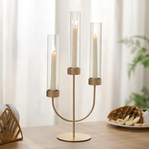 Sziqiqi Sziqiqi Kerzenständer Stabkerzen Gold Kerzenleuchter: Kerzenständer 3 Armig mit Glaszylinder für Tischdeko - Modern Kerzenhalter Dreiarmig aus Metall für Outdoor Wohnzimmer Sideboard Weihnachten - Detailansicht 2 | Tischdekoration