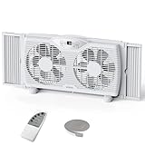 shinic Ventilador de ventana doble con control remoto, cuchillas de 9 pulgadas, flujo de aire reversible, control de termostato, 3 velocidades, 3 funciones, ancho expandible de 23.8 a 37 pulgadas,