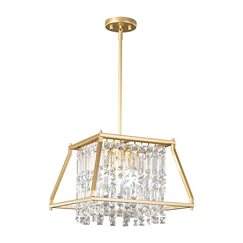 Image of LMQNINE Farmhouse Chandelier - Gold Metal Crystal Pendant Light for Kitchen, Dining Room, Living Room - Flat and Inclined Ceiling (Trapezoid -15.74in)
