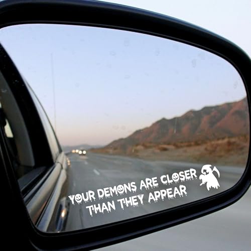 Image of Your Demons White Halloween Vanity Mirror Decals - 2 pcs Funny Stickers, Rear View Mirror Decorations, Goth Car Accessories