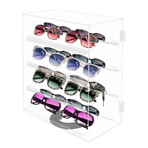 banborba 4 Tier Acrylic Display Case for Collectibles, 360-Degree Rotating Acrylic Eyewear Showcase, Clear Acrylic Display Boxes with Lock, 0.12