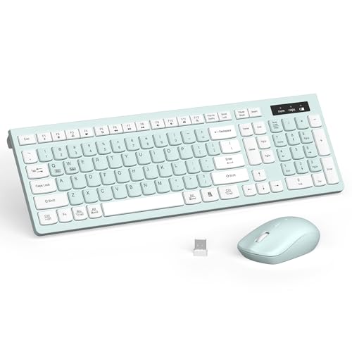 Wireless Keyboard and Mouse Combo, Full-Sized Wireless Keyboard and Adjustable DPI Mouse, 2.4GHz USB Receiver, Keyboard and Mouse for PC, Windows, Desktop, Laptop (Mint Green and White)