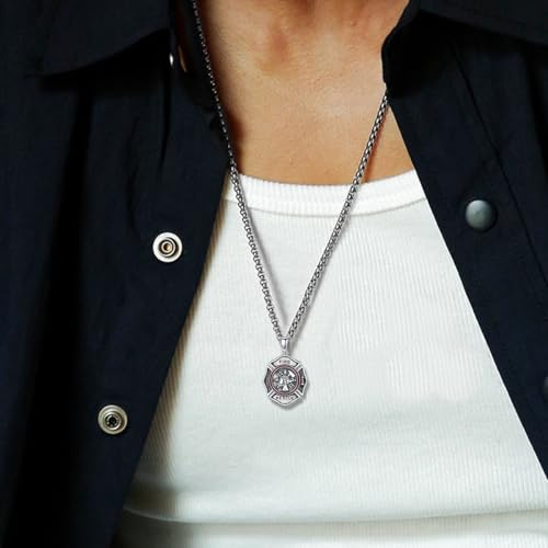 Firefighter Necklace 925 Sterling Silver Fire Fighter Shield Medal Cross Pendant Necklaces for Men, w/Stainless Steel Chain 22''+2''3