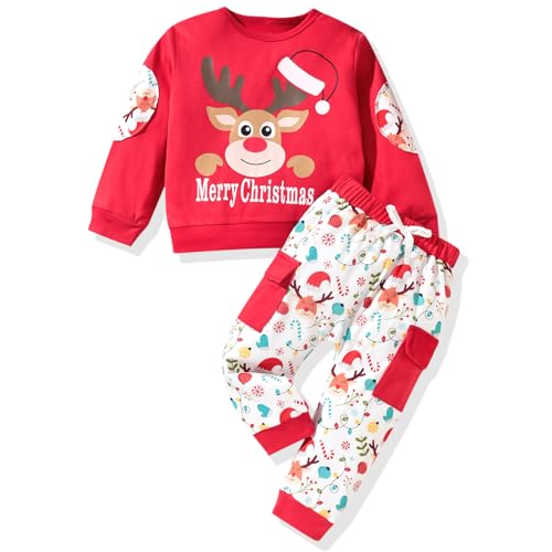 HIHA Toddler Boys Christmas Outfit Deer Merry Christmas Sweatsuit Clothes Red Deer Reindeer Sweatshirt White Xmas Pants 4-5T