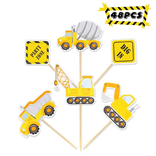 Construction Theme Cupcake Toppers Construction Signs Trucks Tratosr Excavators Cake Decorations Construction Zone Party Baby Shower Kids Birthday Party Favors Pre-assembled (48 Pack)