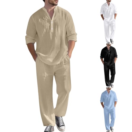 2 Pezzi Tuta Uomo Set Estivo in Lino, Camicia e Pantaloni con Elastico Vita, a Maniche Lunghe, Completo Traspirante Casual, per Spiaggia Vacanza Autunno