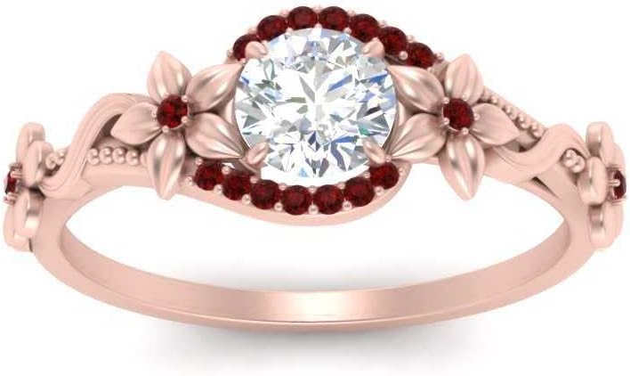 Choose Your Gemstone Round Floral Halo Diamond CZ Ring Rose Gold Plated Round Shape Halo Engagement Rings Everyday Jewelry Wedding Jewelry Handmade Gifts for Wife US Size 4 to 12
