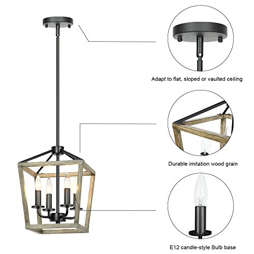Derksic 4-Light Rustic Chandelier Metal Farmhouse Chandelier Light Fixtures Lantern Square Chandelier With Imitation Oak Wood Finish For Dining Room Kitchen Hallway Entryway Foyer Stairway #TOP4