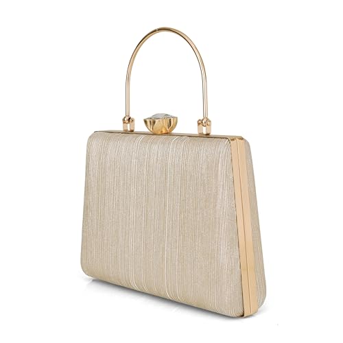 Image of Elegant Gold Textured Metal Handle Clutch Handbag for Women - Party & Wedding Purse